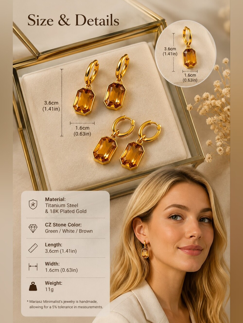 Gold Hoops with Amber Gem Drop - Picture 2 of 9